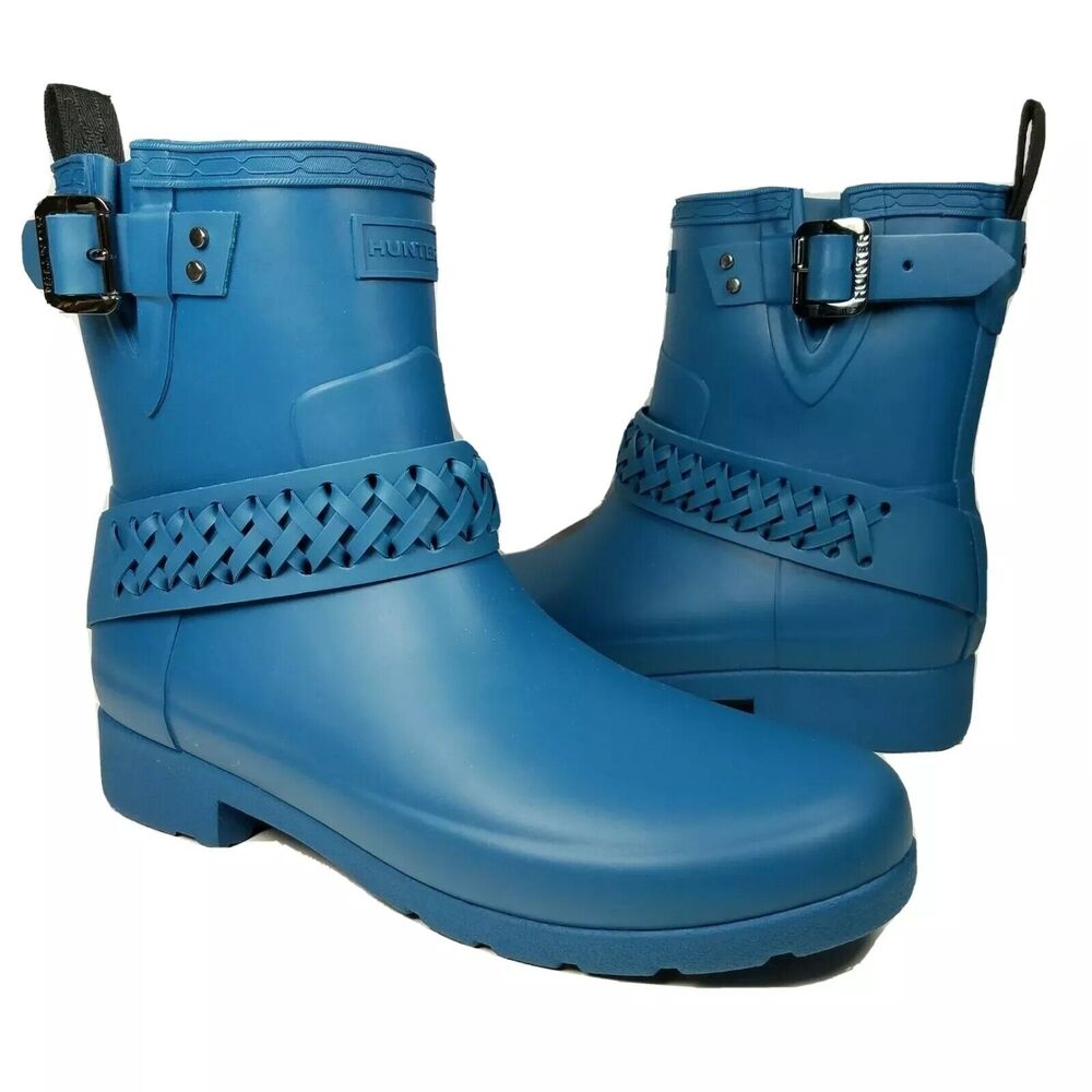 Hunter Women boots biker Refined Short woven Ankle Strap Blue Matt Rain sz 6 new